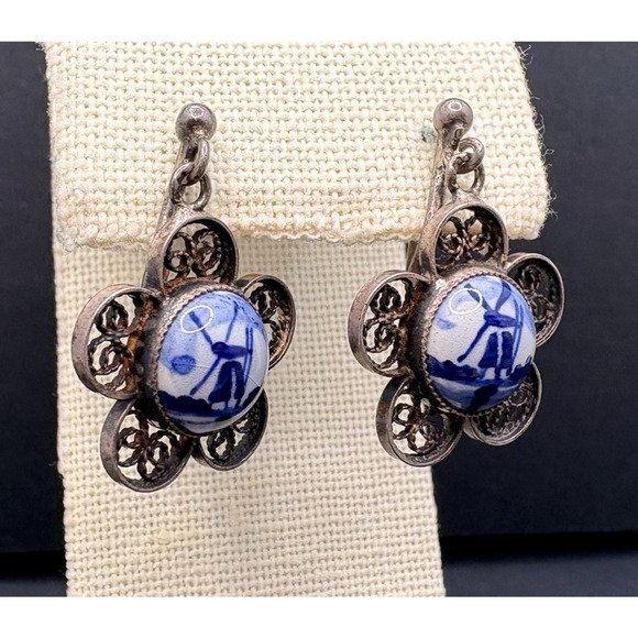 Vintage 835 Silver Delft Windmill Porcelain Dangle Screwback Earrings Signed - Picture 3 of 8